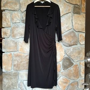 Kiyonna Dress Women's 2 Black Ruffle Trim VNeck Faux Wrap 3/4 Sleeve Midi NWOT